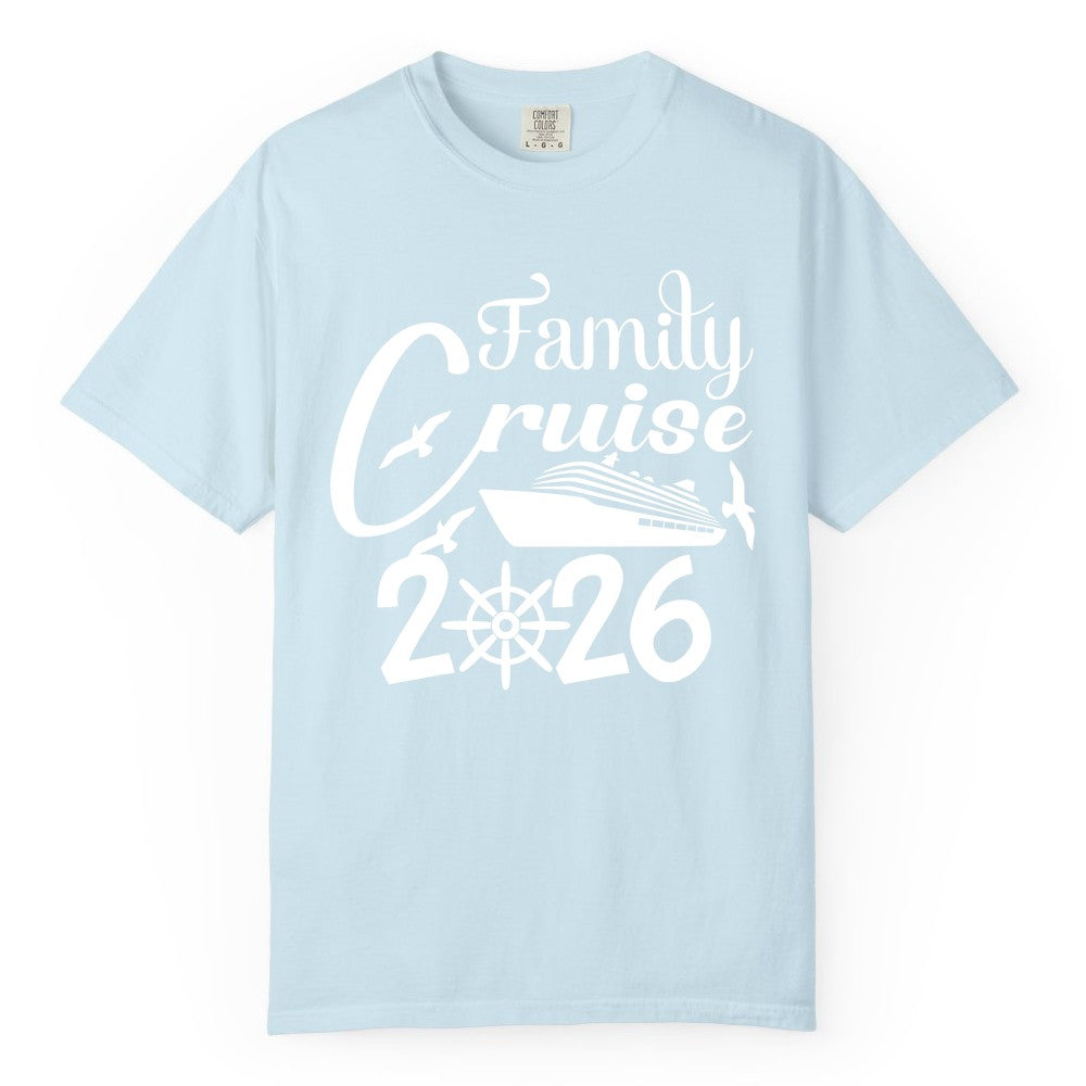 Family Cruise Shirts 2026 - Matching Cruise Group Shirts for Families (Comfort Color) in Chambray - Family Cruise 2026 Shirt with Cruise Ship and Seagulls Graphic