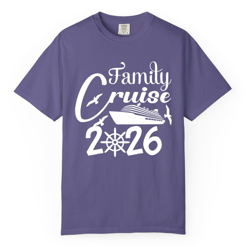 Family Cruise Shirts 2026 - Matching Cruise Group Shirts for Families (Comfort Color) in Grape - Family Cruise 2026 Shirt with Cruise Ship and Seagulls Graphic