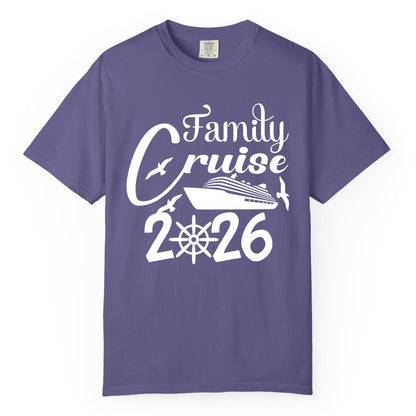 Family Cruise Shirts 2026 - Matching Cruise Group Shirts for Families (Comfort Color) in Grape - Family Cruise 2026 Shirt with Cruise Ship and Seagulls Graphic
