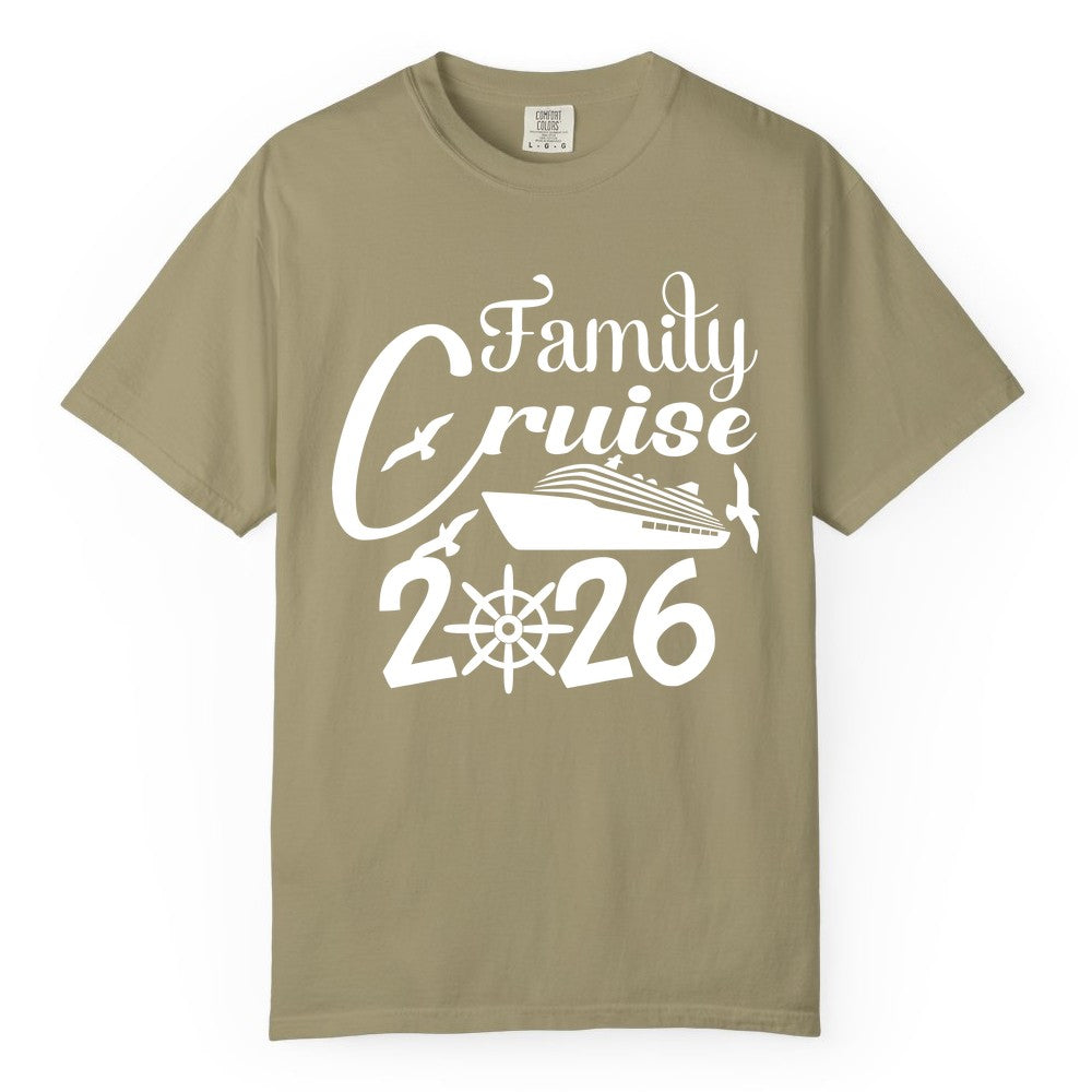 Family Cruise Shirts 2026 - Matching Cruise Group Shirts for Families (Comfort Color) in Khaki - Family Cruise 2026 Shirt with Cruise Ship and Seagulls Graphic