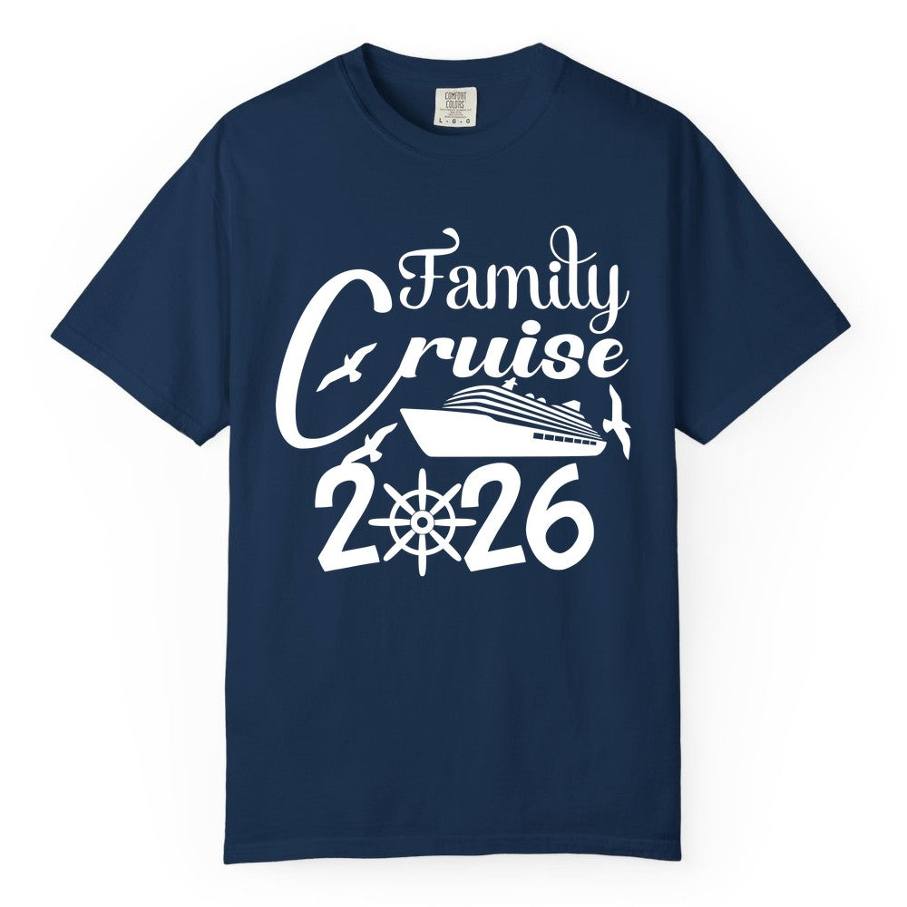 Family Cruise Shirts 2026 - Matching Cruise Group Shirts for Families (Comfort Color) in Navy - Family Cruise 2026 Shirt with Cruise Ship and Seagulls Graphic