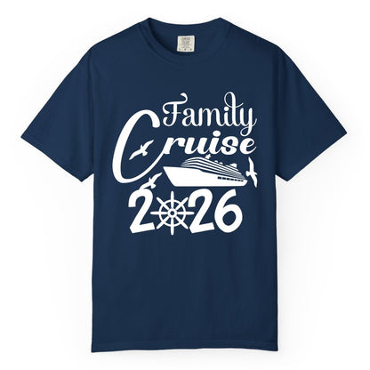 Family Cruise Shirts 2026 - Matching Cruise Group Shirts for Families (Comfort Color) in Navy - Family Cruise 2026 Shirt with Cruise Ship and Seagulls Graphic