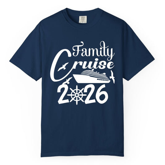 Family Cruise Shirts 2026 - Matching Cruise Group Shirts for Families (Comfort Color) in Navy - Family Cruise 2026 Shirt with Cruise Ship and Seagulls Graphic