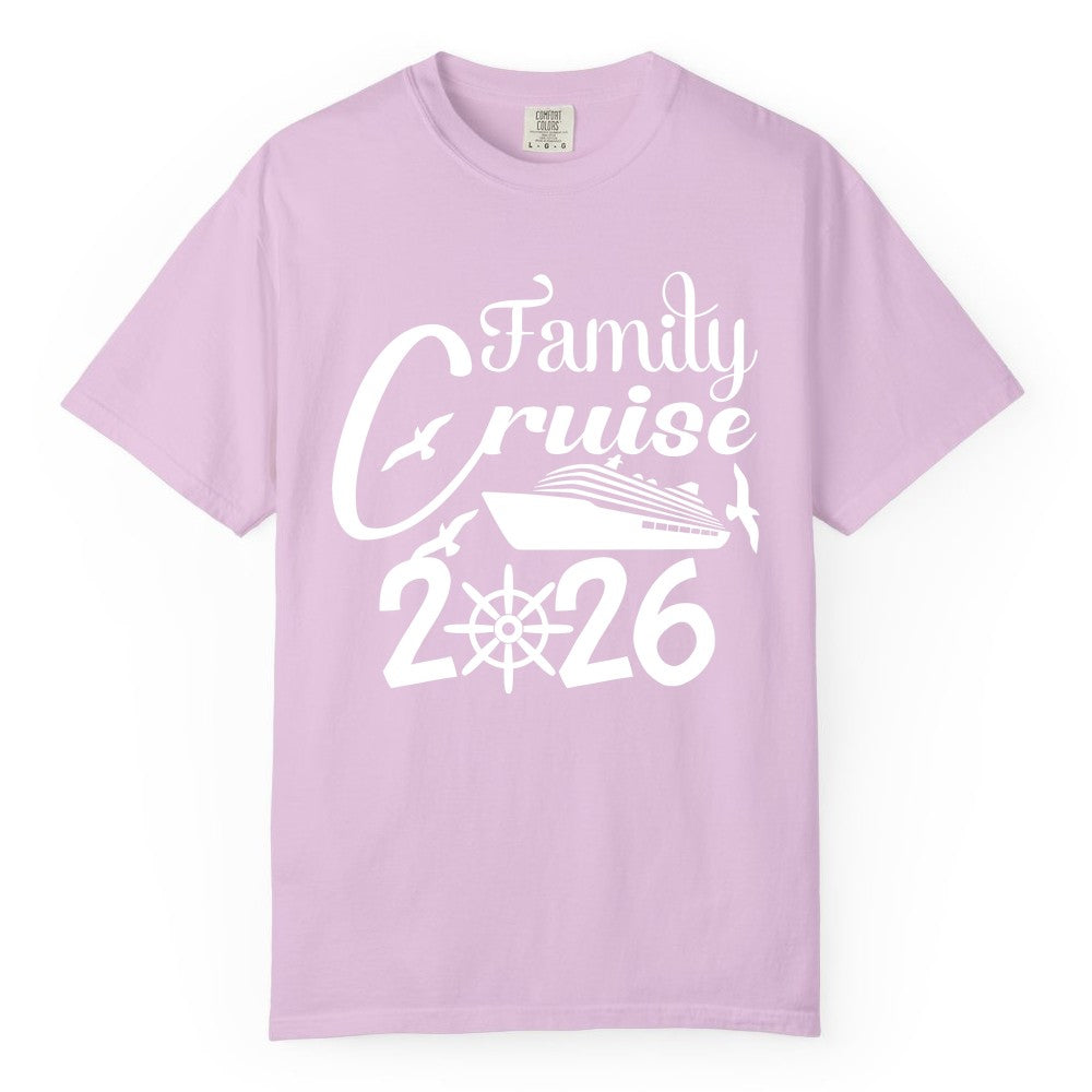 Family Cruise Shirts 2026 - Matching Cruise Group Shirts for Families (Comfort Color) in Orchid - Family Cruise 2026 Shirt with Cruise Ship and Seagulls Graphic
