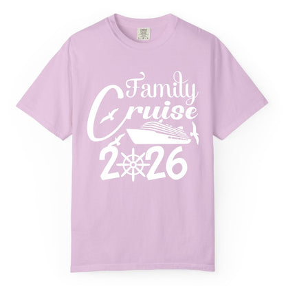 Family Cruise Shirts 2026 - Matching Cruise Group Shirts for Families (Comfort Color) in Orchid - Family Cruise 2026 Shirt with Cruise Ship and Seagulls Graphic