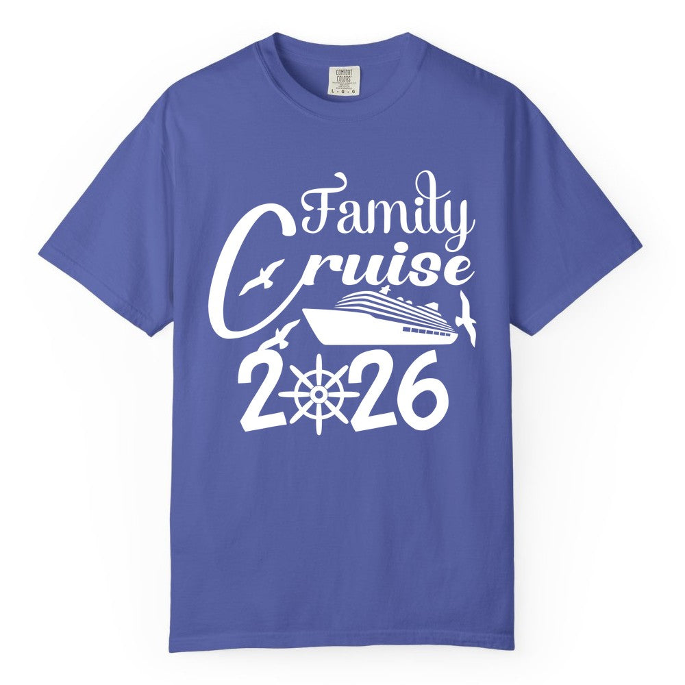 Family Cruise Shirts 2026 - Matching Cruise Group Shirts for Families (Comfort Color) in Periwinkle - Family Cruise 2026 Shirt with Cruise Ship and Seagulls Graphic