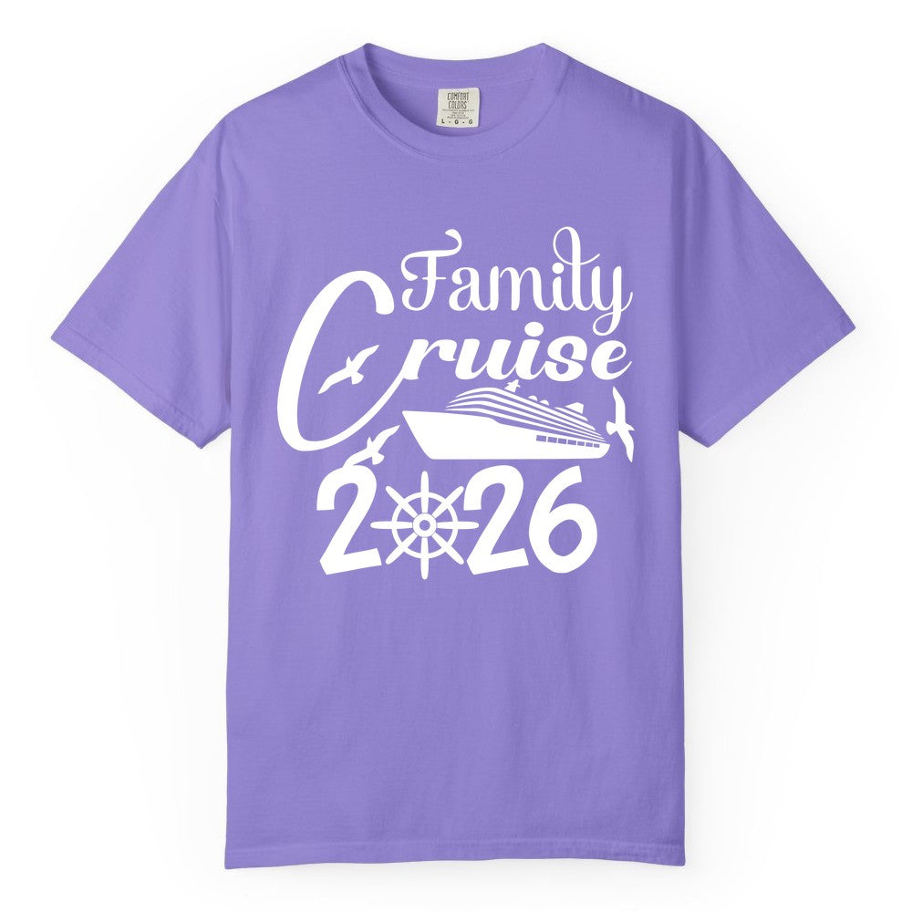 Family Cruise Shirts 2026 - Matching Cruise Group Shirts for Families (Comfort Color) in Violet - Family Cruise 2026 Shirt with Cruise Ship and Seagulls Graphic