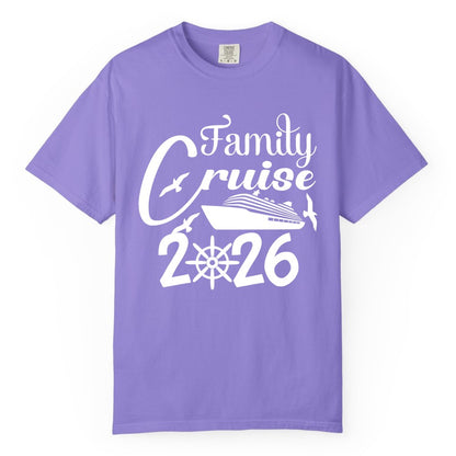 Family Cruise Shirts 2026 - Matching Cruise Group Shirts for Families (Comfort Color) in Violet - Family Cruise 2026 Shirt with Cruise Ship and Seagulls Graphic