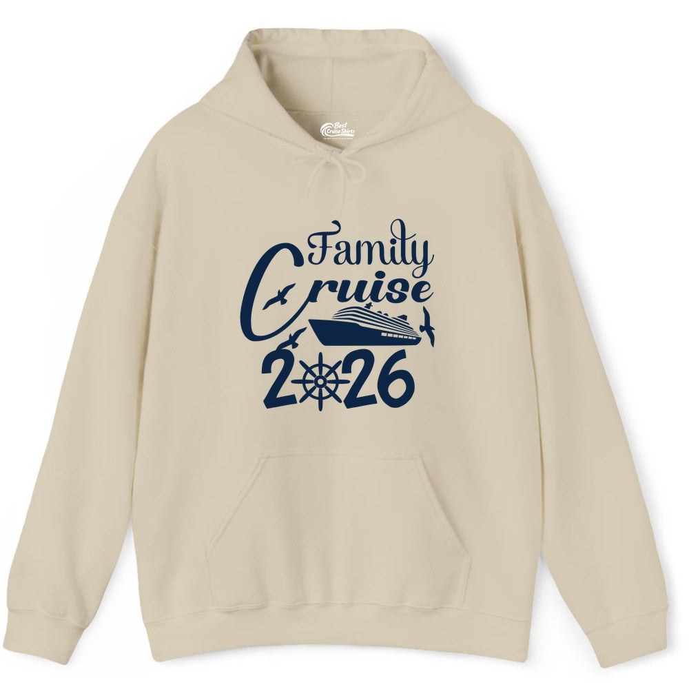 Family Cruise Shirts 2026 - Matching Cruise Group Shirts for Families (Hoodie) in Sand - Family Cruise 2026 Shirt with Cruise Ship and Seagulls Graphic