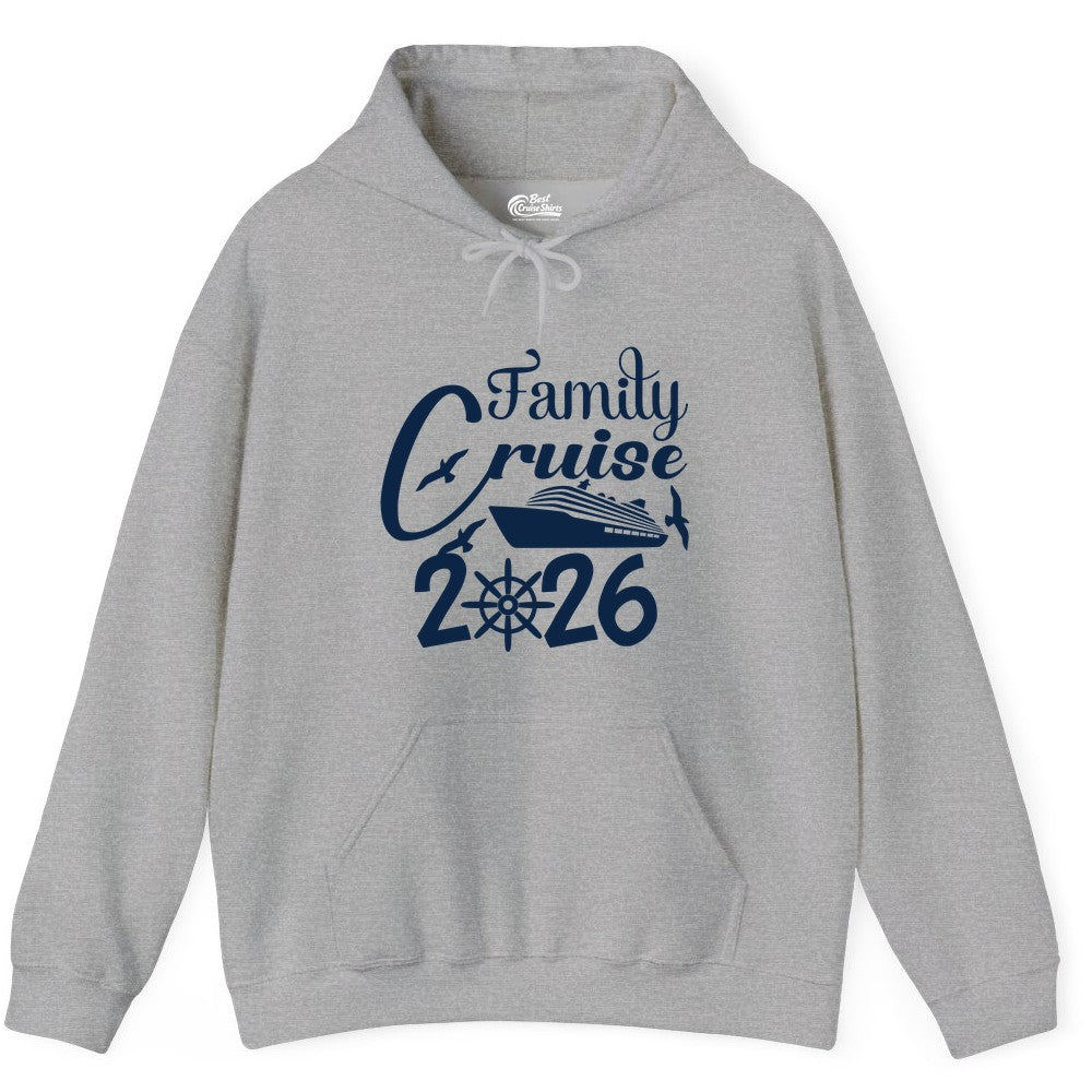 Family Cruise Shirts 2026 - Matching Cruise Group Shirts for Families (Hoodie) in Sport Grey - Family Cruise 2026 Shirt with Cruise Ship and Seagulls Graphic