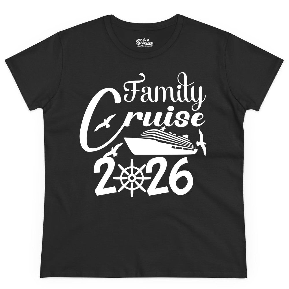 Family Cruise Shirts 2026 - Matching Cruise Group Shirts for Families (Ladies Tee) in Black - Family Cruise 2026 Shirt with Cruise Ship and Seagulls Graphic