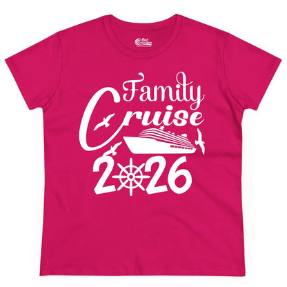 Family Cruise Shirts 2026 - Matching Cruise Group Shirts for Families (Ladies Tee) in Heliconia - Family Cruise 2026 Shirt with Cruise Ship and Seagulls Graphic