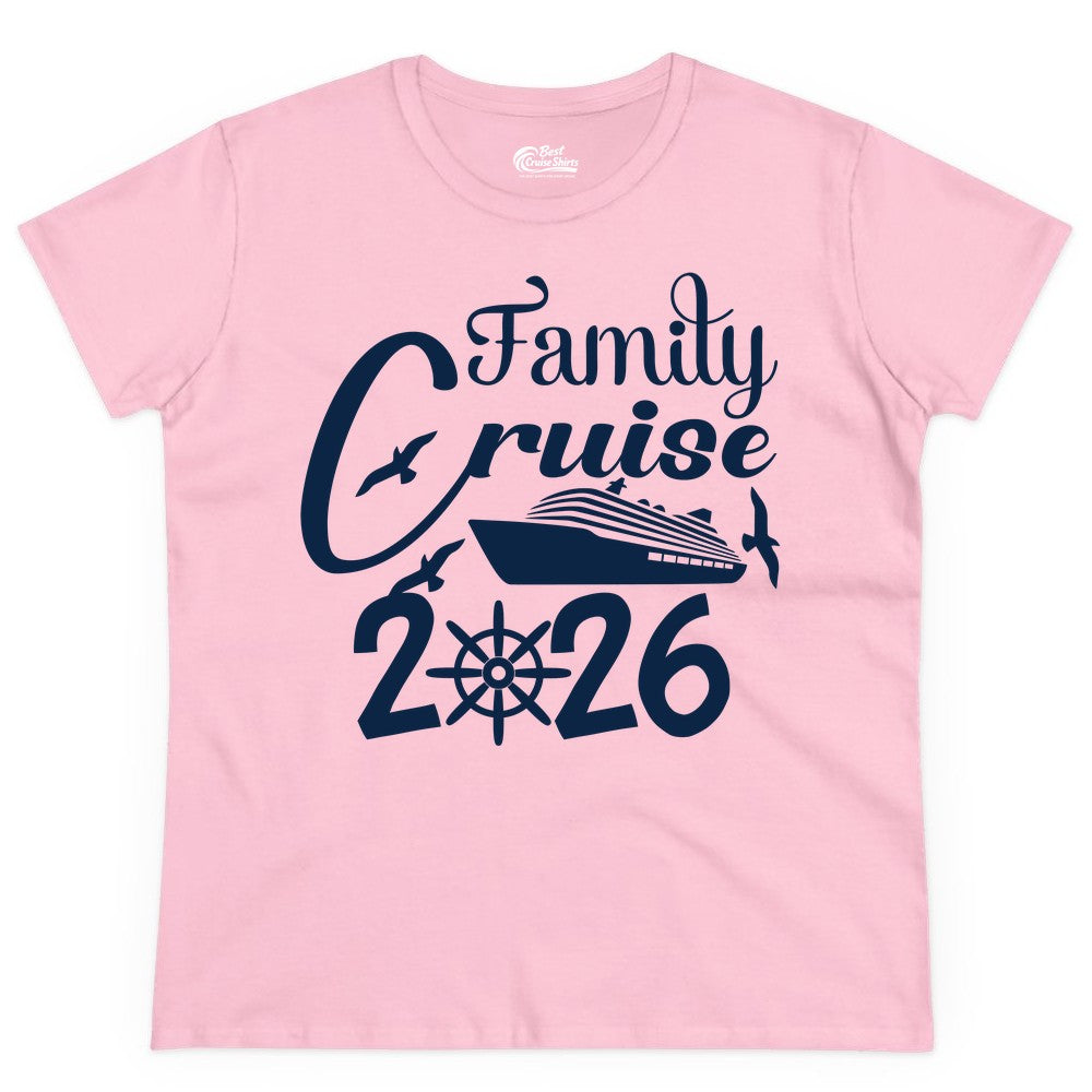 Family Cruise Shirts 2026 - Matching Cruise Group Shirts for Families (Ladies Tee) in Light Pink - Family Cruise 2026 Shirt with Cruise Ship and Seagulls Graphic