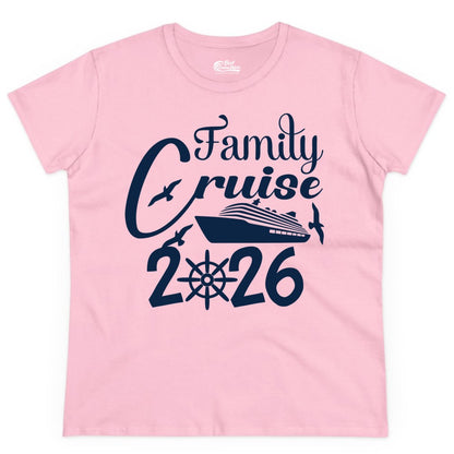 Family Cruise Shirts 2026 - Matching Cruise Group Shirts for Families (Ladies Tee) in Light Pink - Family Cruise 2026 Shirt with Cruise Ship and Seagulls Graphic