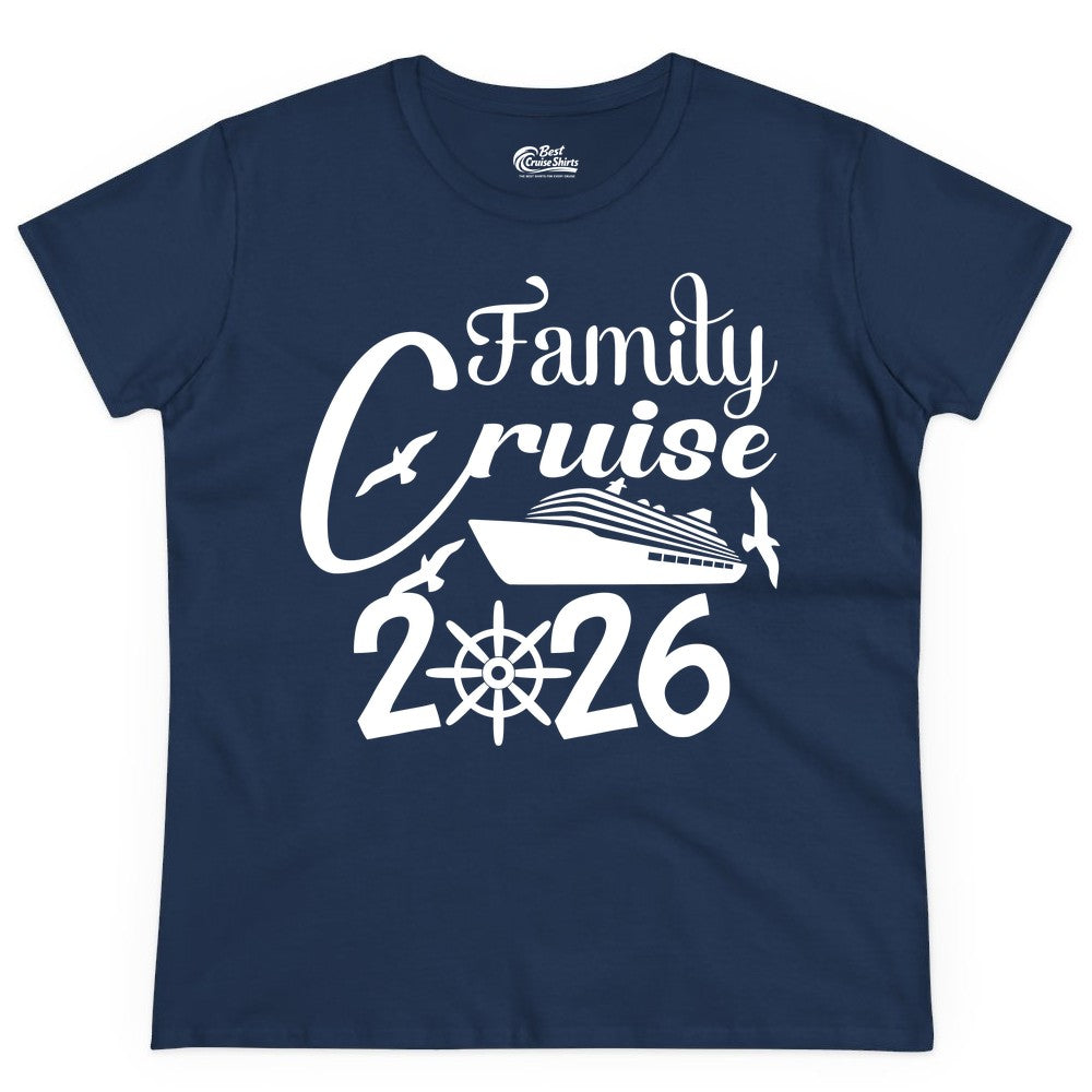 Family Cruise Shirts 2026 - Matching Cruise Group Shirts for Families (Ladies Tee) in Navy - Family Cruise 2026 Shirt with Cruise Ship and Seagulls Graphic