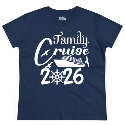Family Cruise Shirts 2026 - Matching Cruise Group Shirts for Families (Ladies Tee) in Navy - Family Cruise 2026 Shirt with Cruise Ship and Seagulls Graphic