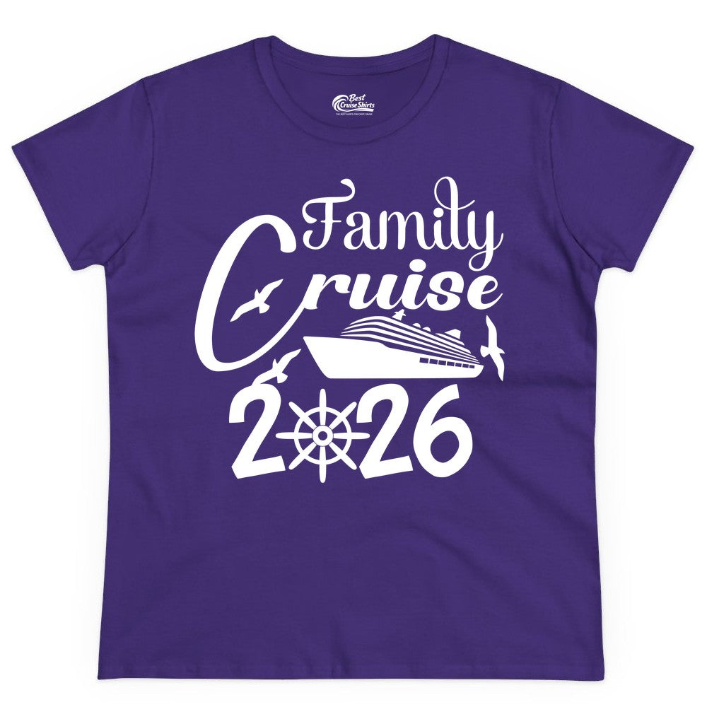 Family Cruise Shirts 2026 - Matching Cruise Group Shirts for Families (Ladies Tee) in Purple - Family Cruise 2026 Shirt with Cruise Ship and Seagulls Graphic