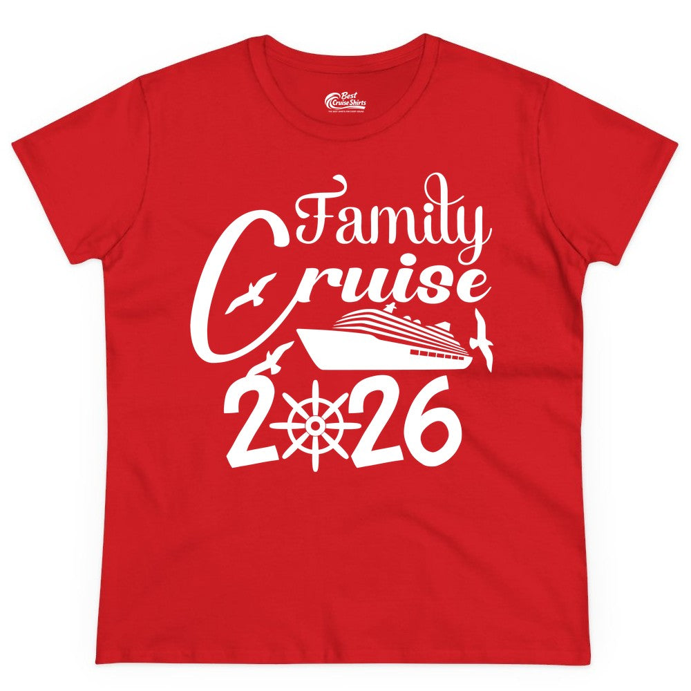 Family Cruise Shirts 2026 - Matching Cruise Group Shirts for Families (Ladies Tee) in Red - Family Cruise 2026 Shirt with Cruise Ship and Seagulls Graphic