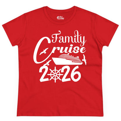 Family Cruise Shirts 2026 - Matching Cruise Group Shirts for Families (Ladies Tee) in Red - Family Cruise 2026 Shirt with Cruise Ship and Seagulls Graphic