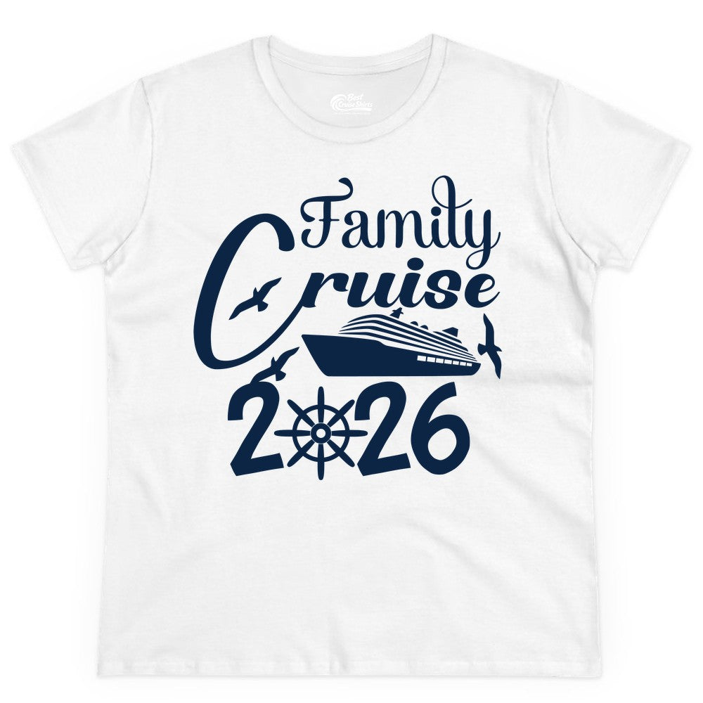 Family Cruise Shirts 2026 - Matching Cruise Group Shirts for Families (Ladies Tee) in White - Family Cruise 2026 Shirt with Cruise Ship and Seagulls Graphic
