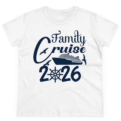 Family Cruise Shirts 2026 - Matching Cruise Group Shirts for Families (Ladies Tee) in White - Family Cruise 2026 Shirt with Cruise Ship and Seagulls Graphic