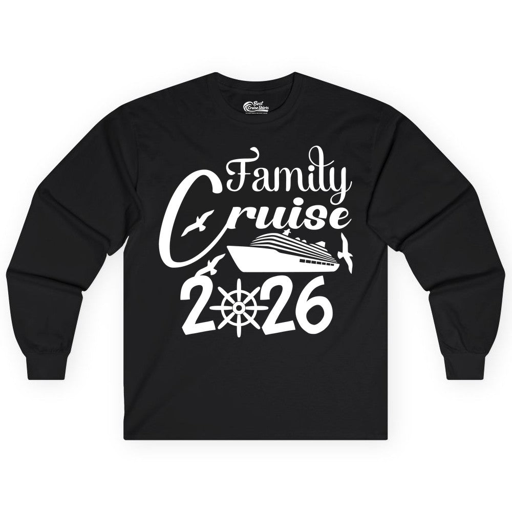 Family Cruise Shirts 2026 - Matching Cruise Group Shirts for Families (Long Sleeve) in Black - Family Cruise 2026 Shirt with Cruise Ship and Seagulls Graphic