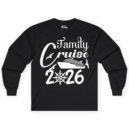Family Cruise Shirts 2026 - Matching Cruise Group Shirts for Families (Long Sleeve) in Black - Family Cruise 2026 Shirt with Cruise Ship and Seagulls Graphic