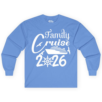 Family Cruise Shirts 2026 - Matching Cruise Group Shirts for Families (Long Sleeve) in Carolina Blue - Family Cruise 2026 Shirt with Cruise Ship and Seagulls Graphic