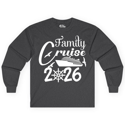 Family Cruise Shirts 2026 - Matching Cruise Group Shirts for Families (Long Sleeve) in Dark Heather - Family Cruise 2026 Shirt with Cruise Ship and Seagulls Graphic
