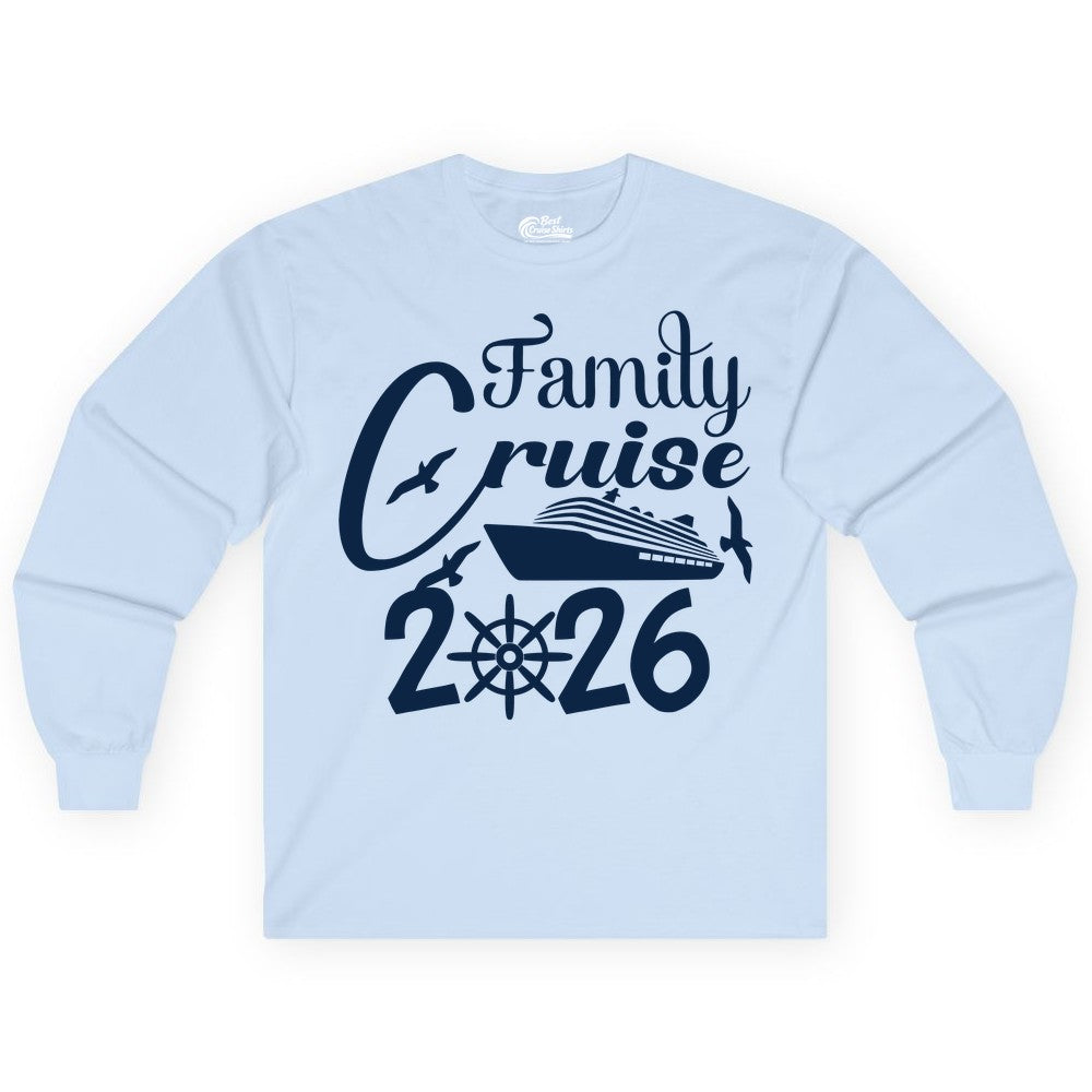 Family Cruise Shirts 2026 - Matching Cruise Group Shirts for Families (Long Sleeve) in Light Blue - Family Cruise 2026 Shirt with Cruise Ship and Seagulls Graphic