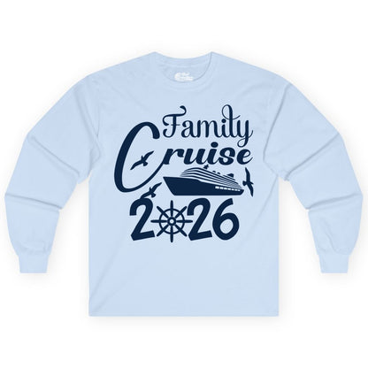 Family Cruise Shirts 2026 - Matching Cruise Group Shirts for Families (Long Sleeve) in Light Blue - Family Cruise 2026 Shirt with Cruise Ship and Seagulls Graphic