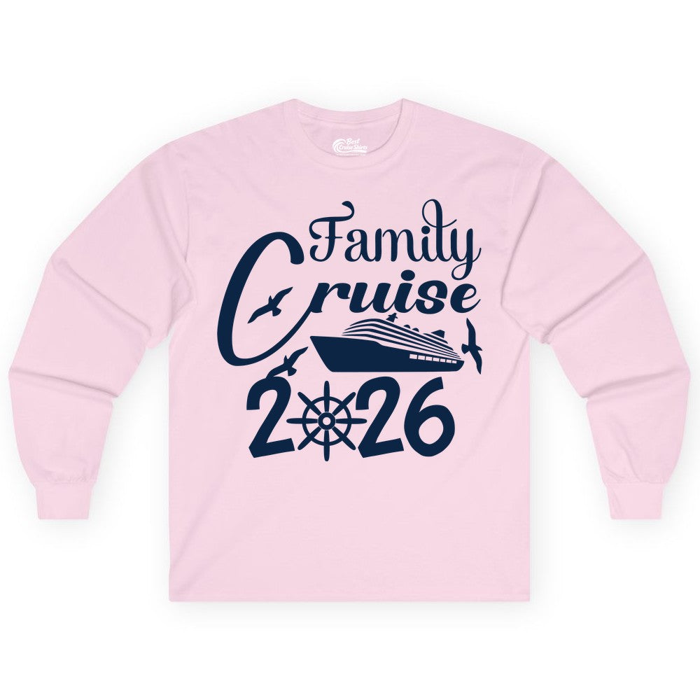 Family Cruise Shirts 2026 - Matching Cruise Group Shirts for Families (Long Sleeve) in Light Pink - Family Cruise 2026 Shirt with Cruise Ship and Seagulls Graphic