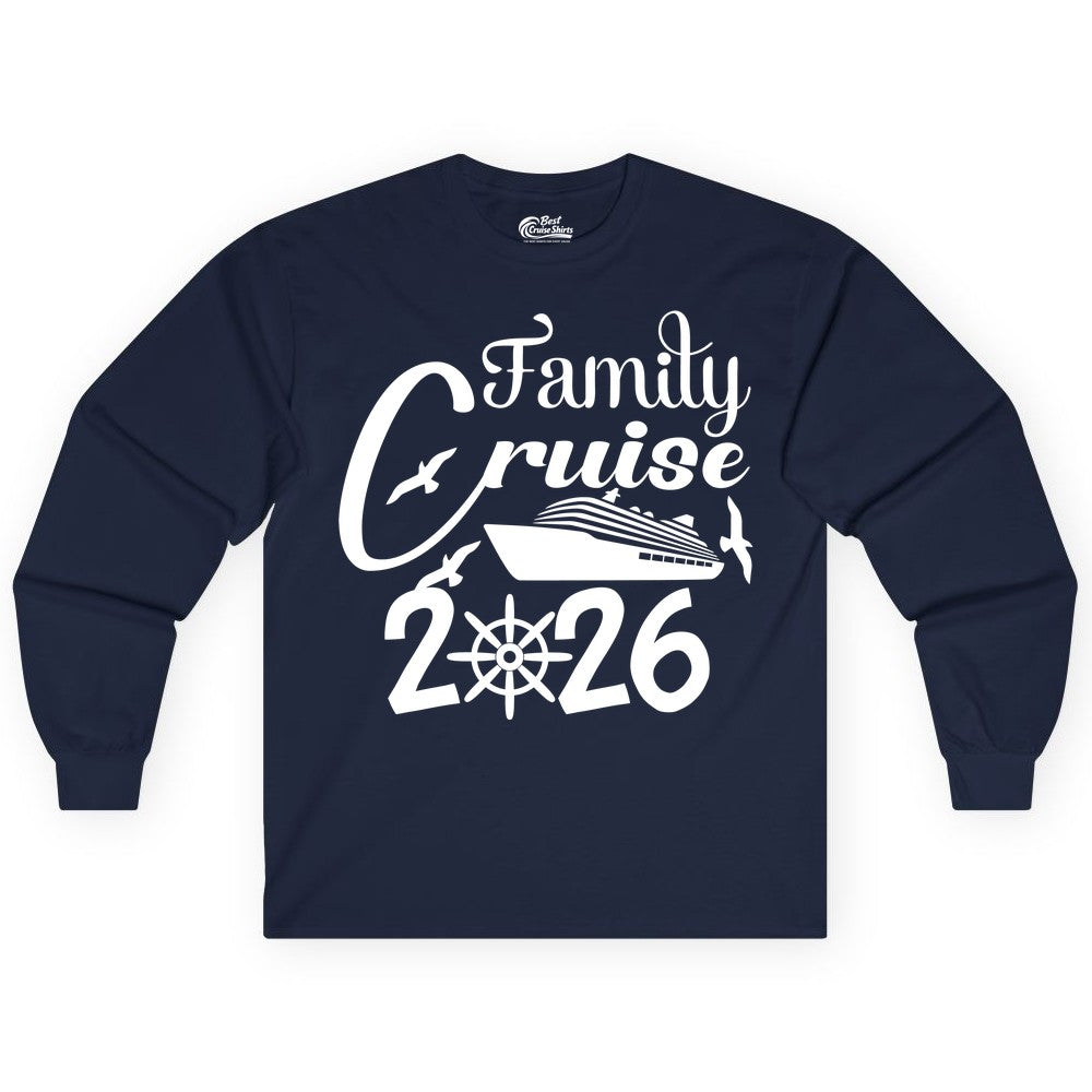 Family Cruise Shirts 2026 - Matching Cruise Group Shirts for Families (Long Sleeve) in Navy - Family Cruise 2026 Shirt with Cruise Ship and Seagulls Graphic