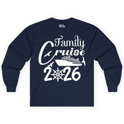 Family Cruise Shirts 2026 - Matching Cruise Group Shirts for Families (Long Sleeve) in Navy - Family Cruise 2026 Shirt with Cruise Ship and Seagulls Graphic