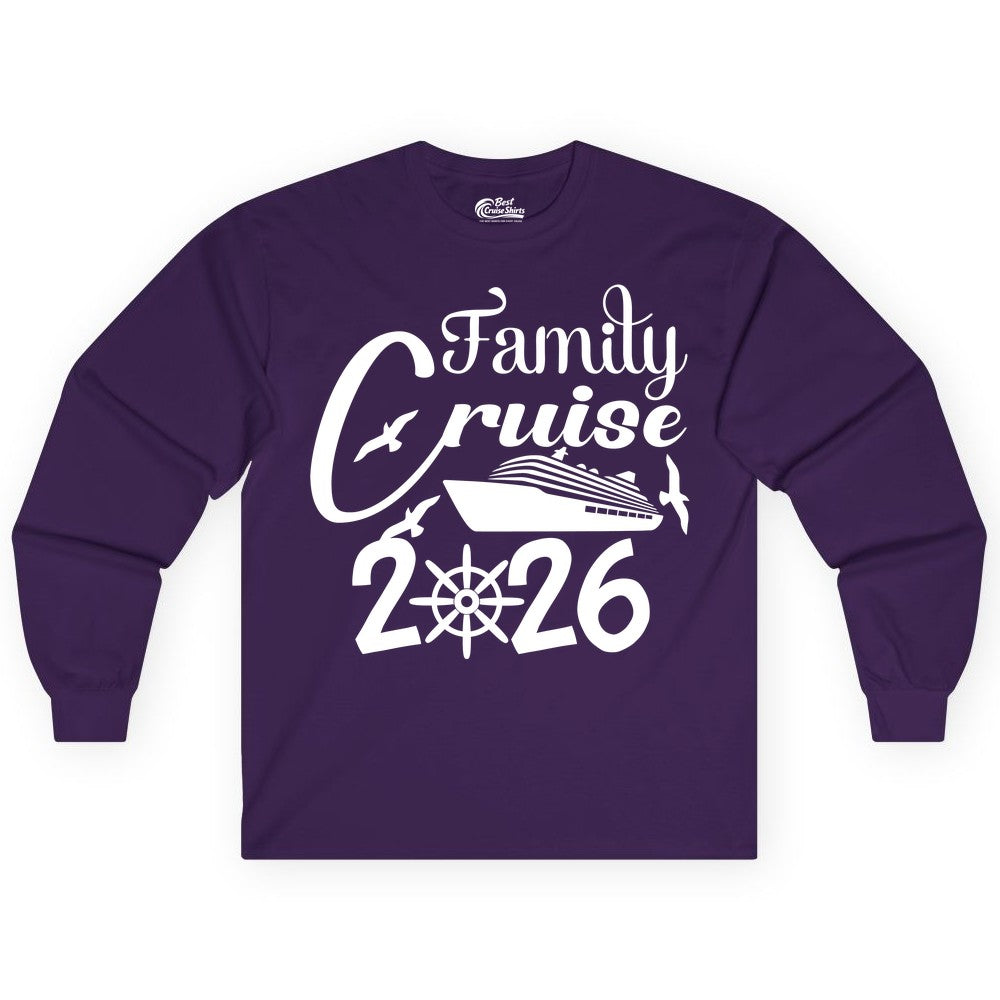 Family Cruise Shirts 2026 - Matching Cruise Group Shirts for Families (Long Sleeve) in Purple - Family Cruise 2026 Shirt with Cruise Ship and Seagulls Graphic