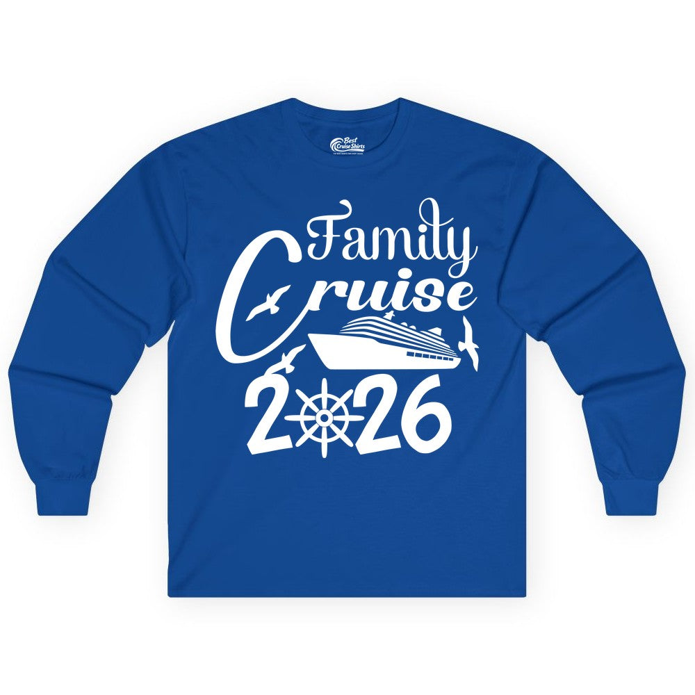 Family Cruise Shirts 2026 - Matching Cruise Group Shirts for Families (Long Sleeve) in Royal - Family Cruise 2026 Shirt with Cruise Ship and Seagulls Graphic