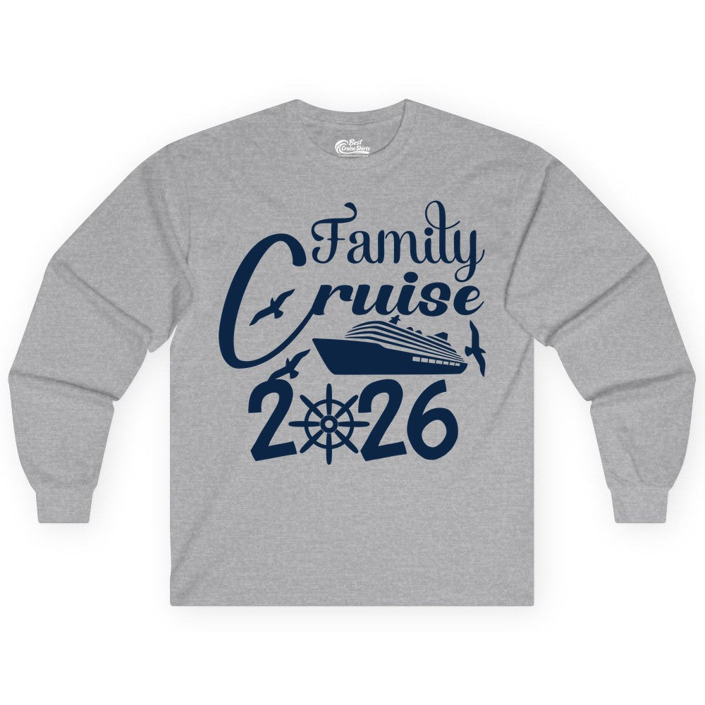 Family Cruise Shirts 2026 - Matching Cruise Group Shirts for Families (Long Sleeve) in Sport Grey - Family Cruise 2026 Shirt with Cruise Ship and Seagulls Graphic
