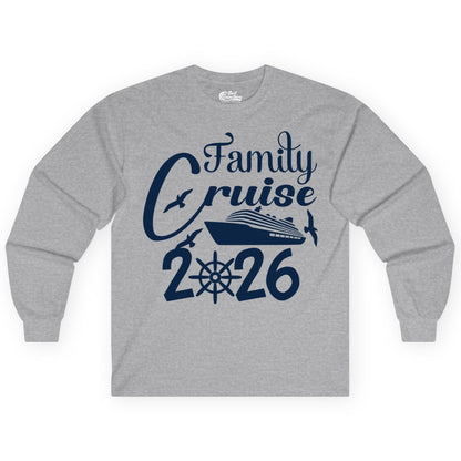 Family Cruise Shirts 2026 - Matching Cruise Group Shirts for Families (Long Sleeve) in Sport Grey - Family Cruise 2026 Shirt with Cruise Ship and Seagulls Graphic