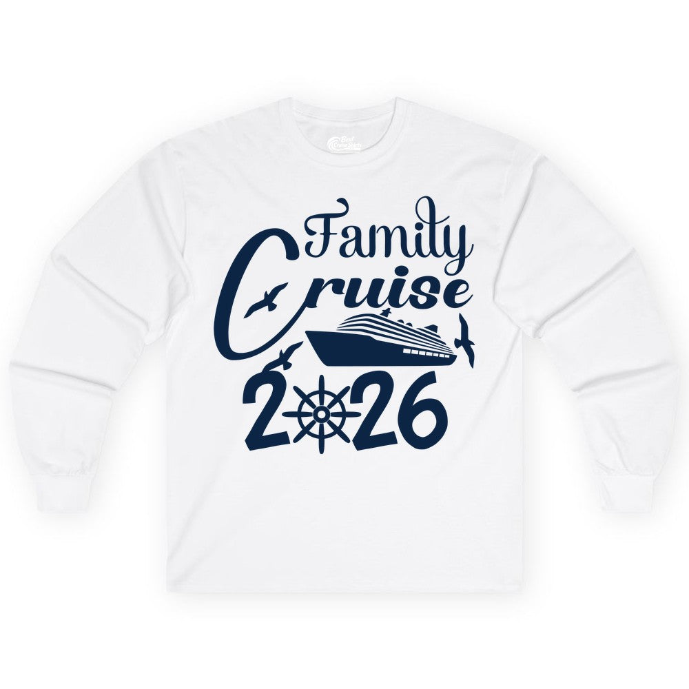 Family Cruise Shirts 2026 - Matching Cruise Group Shirts for Families (Long Sleeve) in White - Family Cruise 2026 Shirt with Cruise Ship and Seagulls Graphic