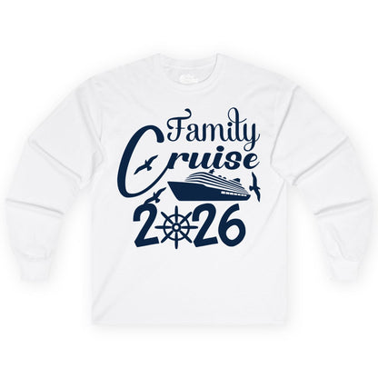 Family Cruise Shirts 2026 - Matching Cruise Group Shirts for Families (Long Sleeve) in White - Family Cruise 2026 Shirt with Cruise Ship and Seagulls Graphic