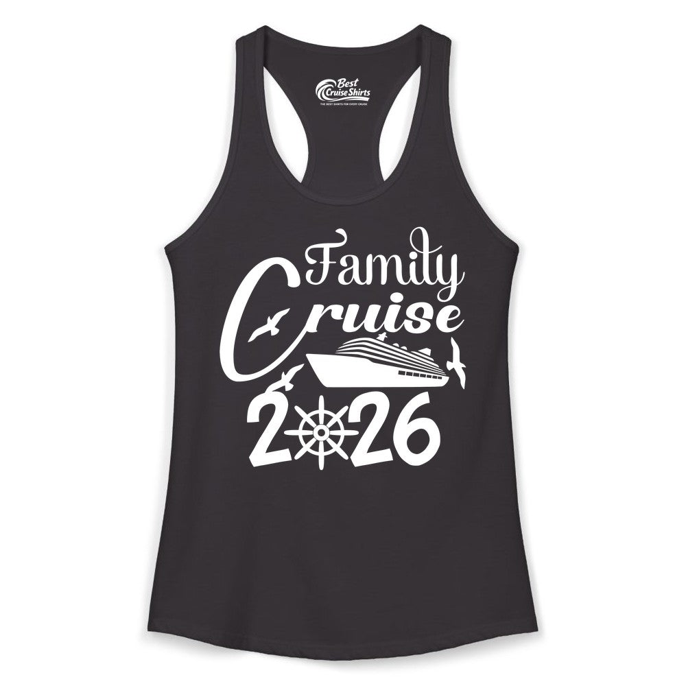 Family Cruise Shirts 2026 - Matching Cruise Group Shirts for Families (Ladies Tank) in Black - Family Cruise 2026 Shirt with Cruise Ship and Seagulls Graphic