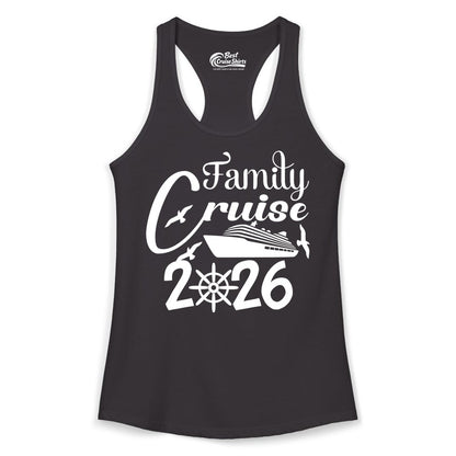 Family Cruise Shirts 2026 - Matching Cruise Group Shirts for Families (Ladies Tank) in Black - Family Cruise 2026 Shirt with Cruise Ship and Seagulls Graphic
