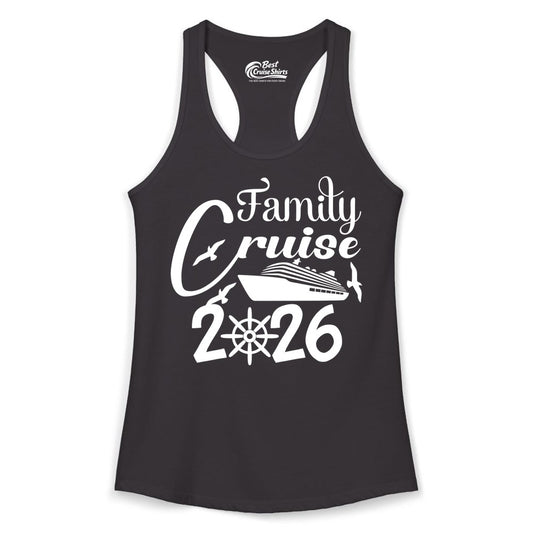 Family Cruise Shirts 2026 - Matching Cruise Group Shirts for Families (Ladies Tank) in Black - Family Cruise 2026 Shirt with Cruise Ship and Seagulls Graphic