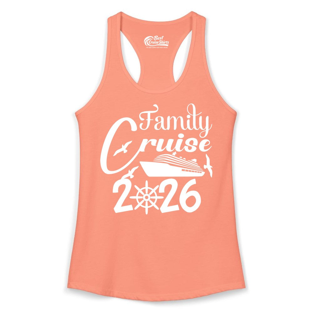 Family Cruise Shirts 2026 - Matching Cruise Group Shirts for Families (Ladies Tank) in Solid Light Orange - Family Cruise 2026 Shirt with Cruise Ship and Seagulls Graphic