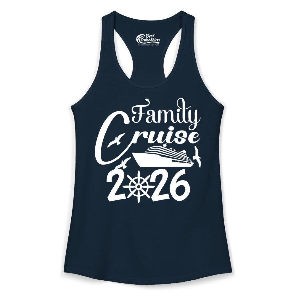 Family Cruise Shirts 2026 - Matching Cruise Group Shirts for Families (Ladies Tank) in Solid Midnight Navy - Family Cruise 2026 Shirt with Cruise Ship and Seagulls Graphic