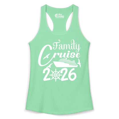 Family Cruise Shirts 2026 - Matching Cruise Group Shirts for Families (Ladies Tank) in Solid Mint - Family Cruise 2026 Shirt with Cruise Ship and Seagulls Graphic