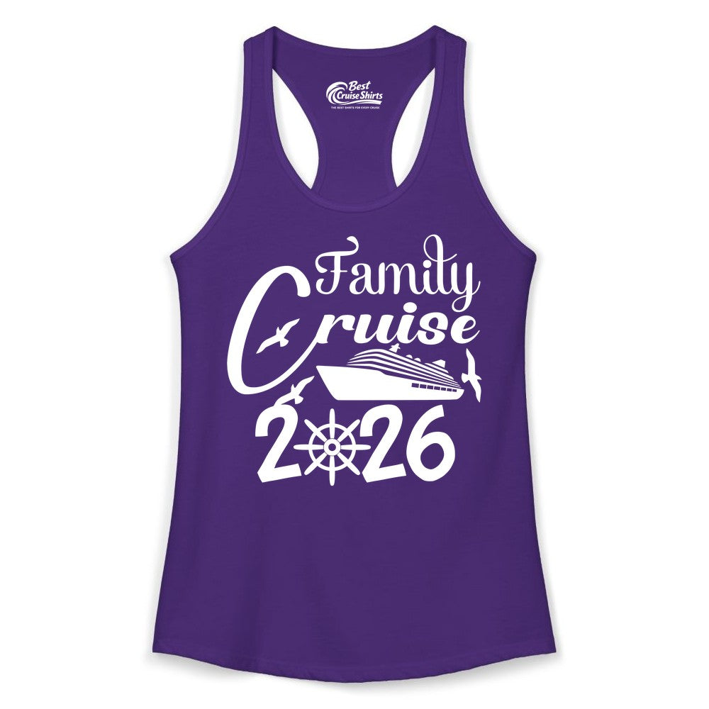 Family Cruise Shirts 2026 - Matching Cruise Group Shirts for Families (Ladies Tank) in Solid Purple Rush - Family Cruise 2026 Shirt with Cruise Ship and Seagulls Graphic