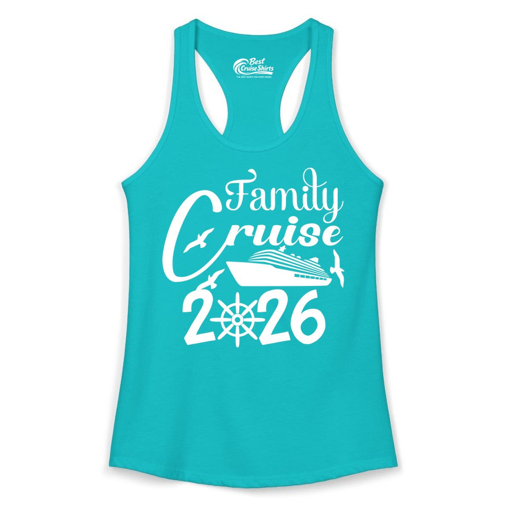 Family Cruise Shirts 2026 - Matching Cruise Group Shirts for Families (Ladies Tank) in Tahiti Blue - Family Cruise 2026 Shirt with Cruise Ship and Seagulls Graphic