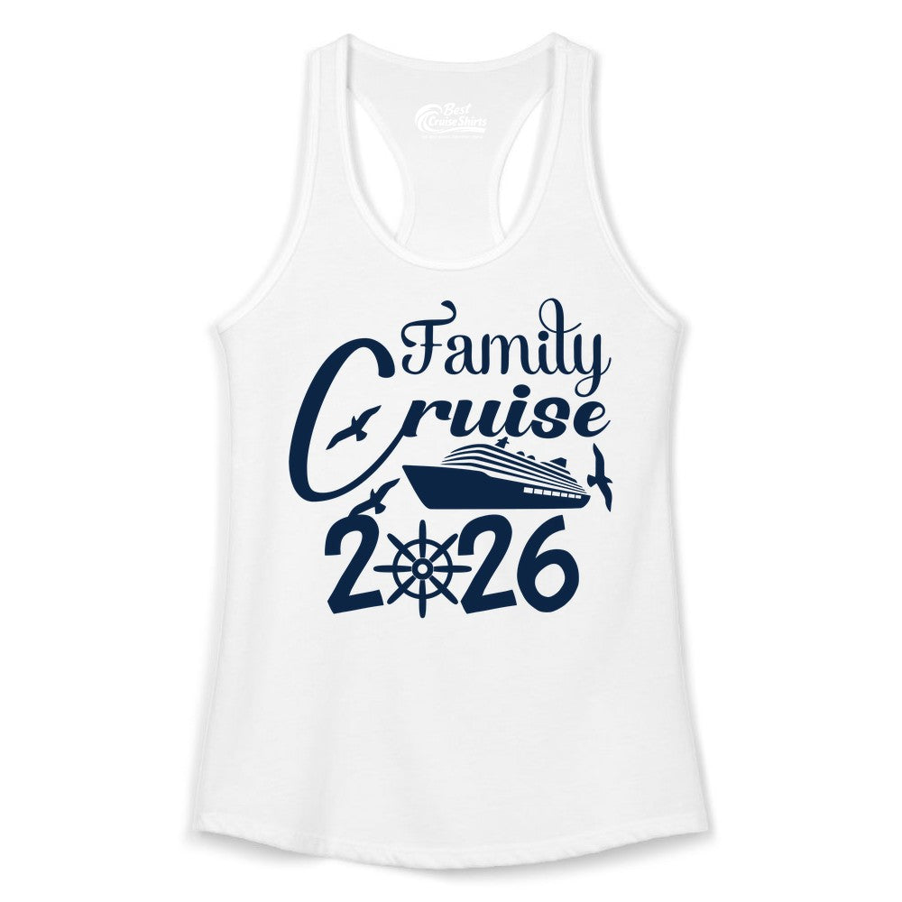 Family Cruise Shirts 2026 - Matching Cruise Group Shirts for Families (Ladies Tank) in White - Family Cruise 2026 Shirt with Cruise Ship and Seagulls Graphic