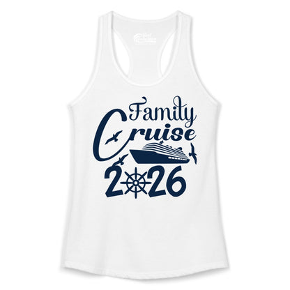 Family Cruise Shirts 2026 - Matching Cruise Group Shirts for Families (Ladies Tank) in White - Family Cruise 2026 Shirt with Cruise Ship and Seagulls Graphic